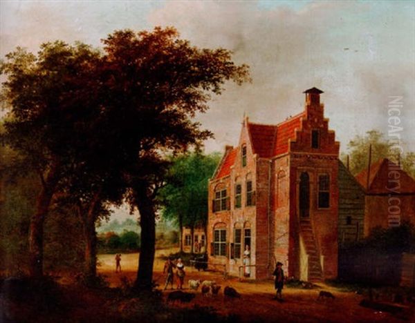 Figures And Animals By A Farmhouse Oil Painting by Isaac Ouwater