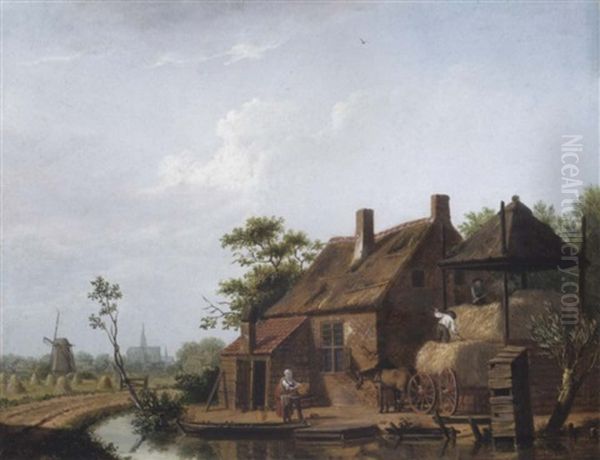 A Farmstead By A Canal, With Peasants Loading Hay, A Windmill And The City Of Haarlem With The St. Bavo Church Beyond Oil Painting by Isaac Ouwater