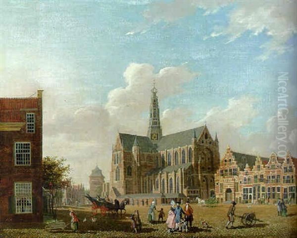 A View Of St. Bavo's Cathedral, Haarlem, With Elegant Company And Townsfolk Oil Painting by Isaac Ouwater