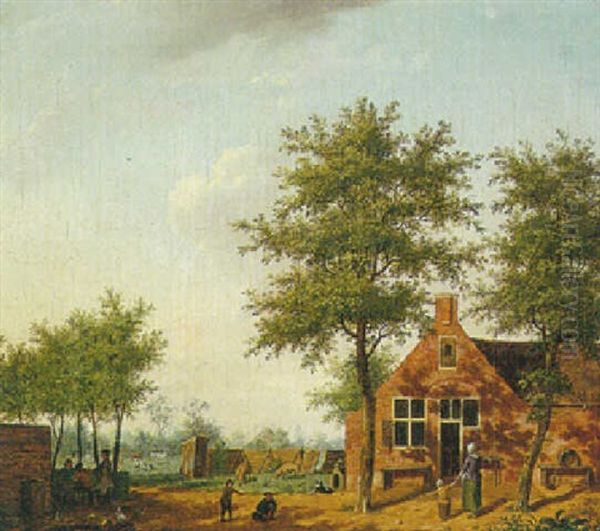 A Landscape With Figures Relaxing In Front Of A Farmhouse Oil Painting by Isaac Ouwater