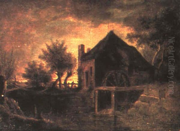 Landscape With A Watermill And Two Fishermen Oil Painting by Isaac Ouwater