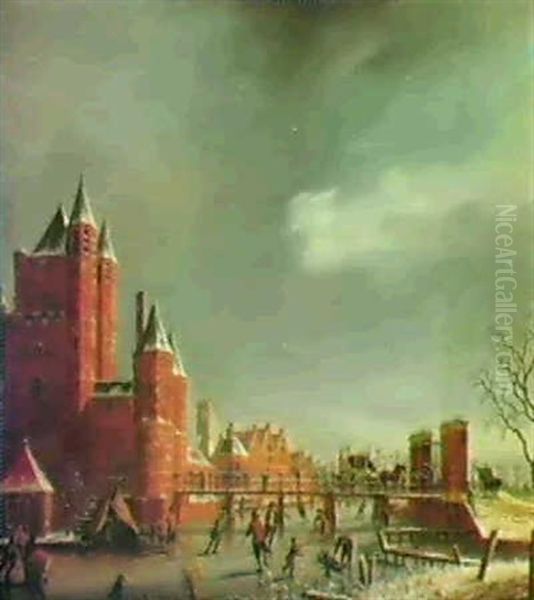 Figures Skating On A Frozen Canal Before A City Gate Oil Painting by Isaac Ouwater