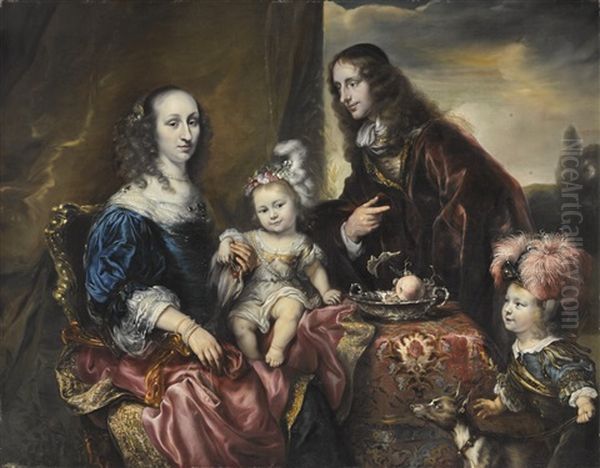 A Family Portrait, Traditionally Identified As Colonel John Hutchinson (1615-64) With His Wife And Children Oil Painting by Juergen Ovens