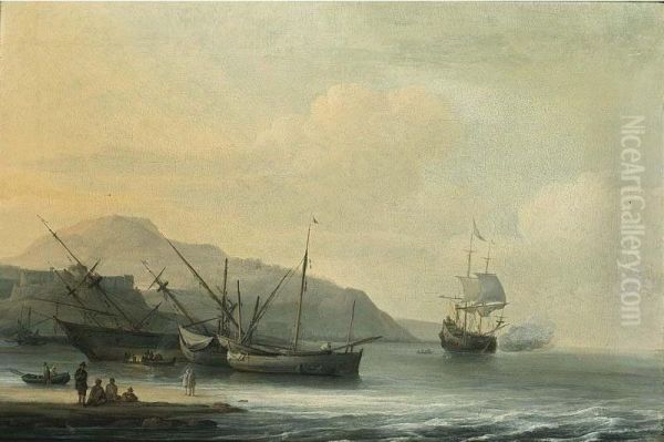 A Coastal Landscape With A Ship Careened For Caulking, Together With Other Sailing Boats And A Ship Firing A Salute Oil Painting by Jan Theunisz Blankof Blanckerhoff