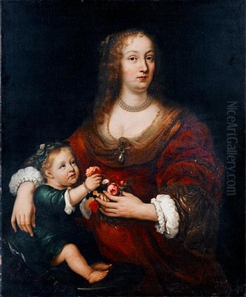 Portrait Of A Lady With Her Child Oil Painting by Juergen Ovens