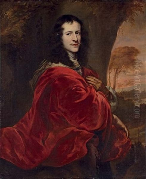 Portrait Of A Gentleman In A Red Cloak, Before A Landscape Oil Painting by Juergen Ovens