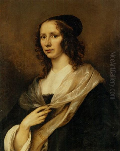 Portrait Of A Lady In A Black Dress With A White Chemise, Cuffs And Mantle Oil Painting by Juergen Ovens