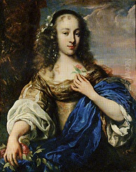 Portrait Of A Young Girl Wearing A Gold Dress And Blue Sash, Holding A Rose Oil Painting by Juergen Ovens