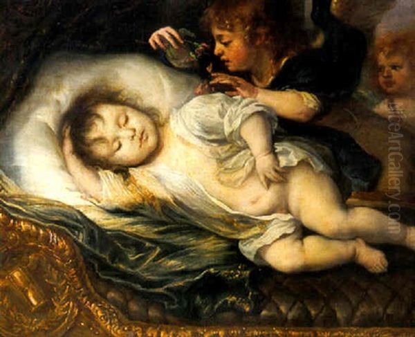 A Deathbed Effigy Of A Child Lying On A Sculpted Bed, A Putto Trowing Rose Petals Nearby Oil Painting by Juergen Ovens