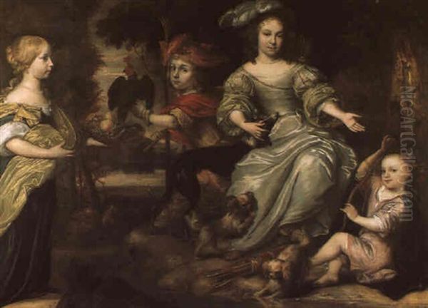 Portrait De Quatre Enfants, De Plein-pied, Avec Les         Attributs De La Chasse, Au Bord D'une Riviere Dans Un Bois Oil Painting by Juergen Ovens