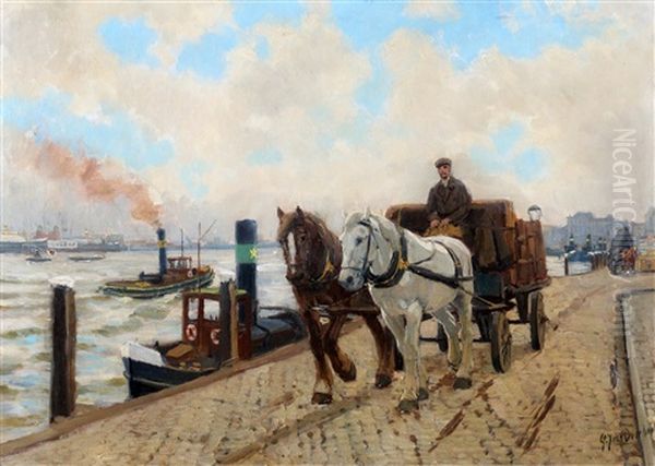 Een Sleperswagen Op Een Rotterdamse Kade Oil Painting by Gijsbertus Johannes Van Overbeek