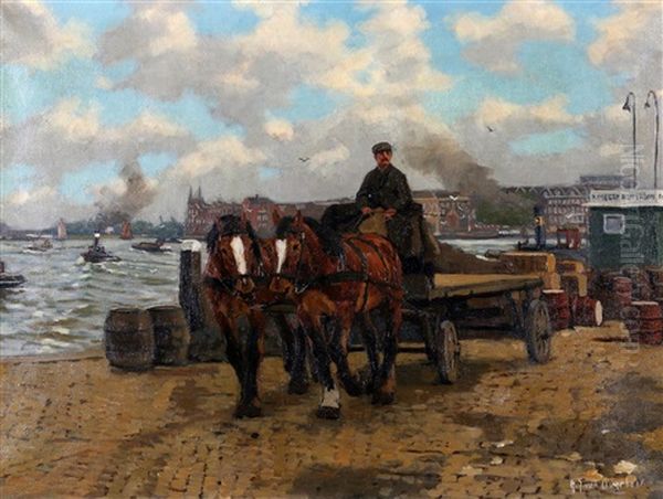 Een Sleperswagen Op De Kade Te Rotterdam Oil Painting by Gijsbertus Johannes Van Overbeek