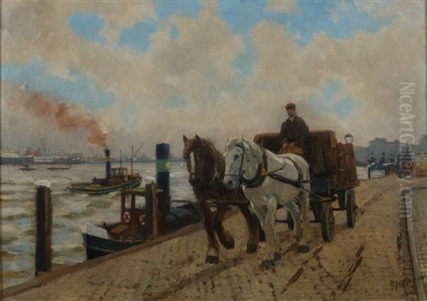 Een Sleperswagen Op Een Rotterdamse Kade Oil Painting by Gijsbertus Johannes Van Overbeek