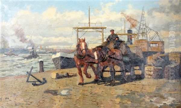 Sleperswagen Aan De Kade Oil Painting by Gijsbertus Johannes Van Overbeek