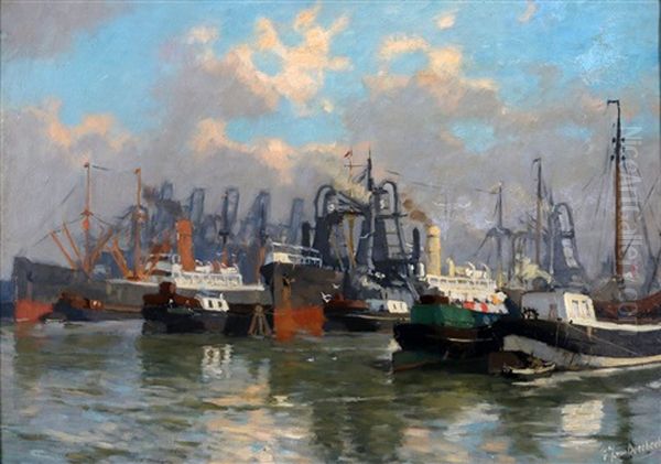 Lossende Schepen In De Maashaven Rotterdam Oil Painting by Gijsbertus Johannes Van Overbeek