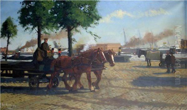 Dutch Harbourside With Horse And Cart Oil Painting by Gijsbertus Johannes Van Overbeek