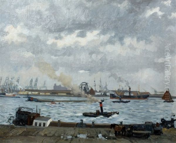 Havengezicht Met Rijnaak Langs De Wal En Sleperswagen Oil Painting by Gijsbertus Johannes Van Overbeek