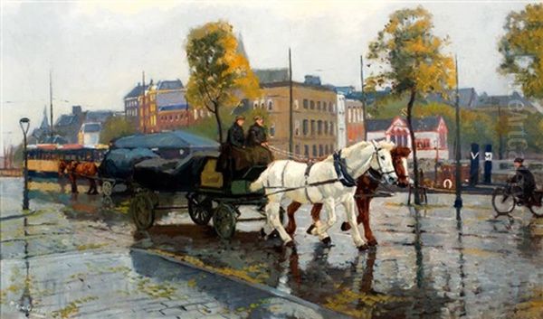 Paard En Wagen Op Het Willemsplein Te Rotterdam Oil Painting by Gijsbertus Johannes Van Overbeek