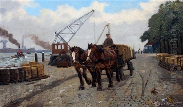 Sleperswagens Op De Kade Oil Painting by Gijsbertus Johannes Van Overbeek