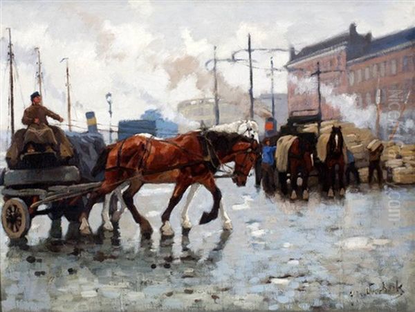 Paard En Wagens Op Rotterdamse Havenkade Oil Painting by Gijsbertus Johannes Van Overbeek