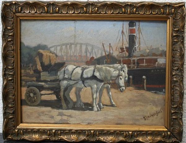 Sleperswagen Op De Kade Bij De Maasbruggen Te Rotterdam Oil Painting by Gijsbertus Johannes Van Overbeek