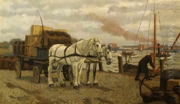 Working Horses On The Rotterdam Docks Oil Painting by Gijsbertus Johannes Van Overbeek