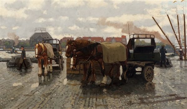 Horse Carts On The Quay Of Rotterdam Oil Painting by Gijsbertus Johannes Van Overbeek