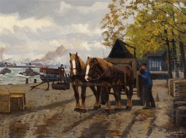 Autumn On The Quay Oil Painting by Gijsbertus Johannes Van Overbeek