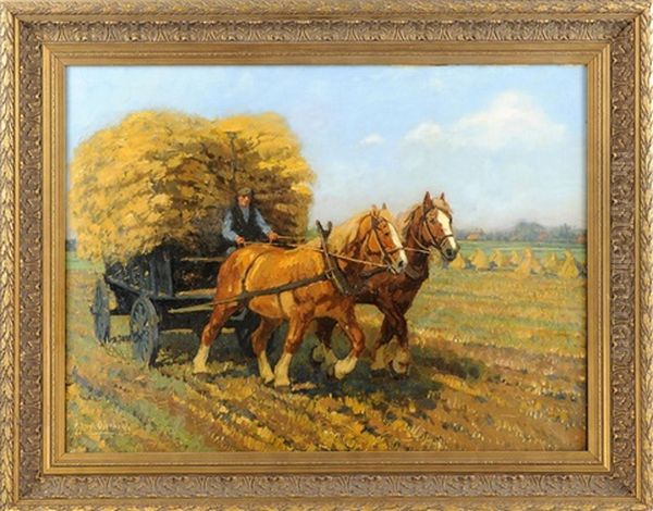 Pferdegespann Vor Heuwagen Oil Painting by Gijsbertus Johannes Van Overbeek