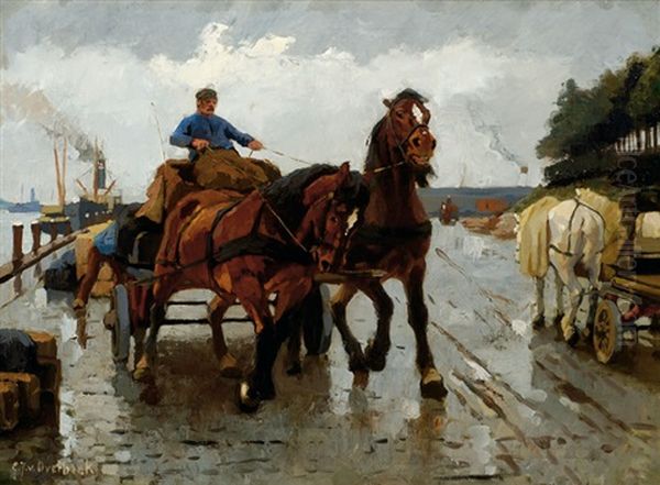 Man With Horse And Wagon On A Quayside Oil Painting by Gijsbertus Johannes Van Overbeek