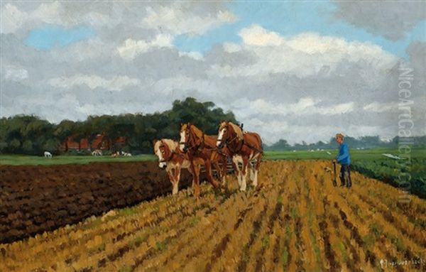 Cart With Horses And A Farmer On The Land Oil Painting by Gijsbertus Johannes Van Overbeek