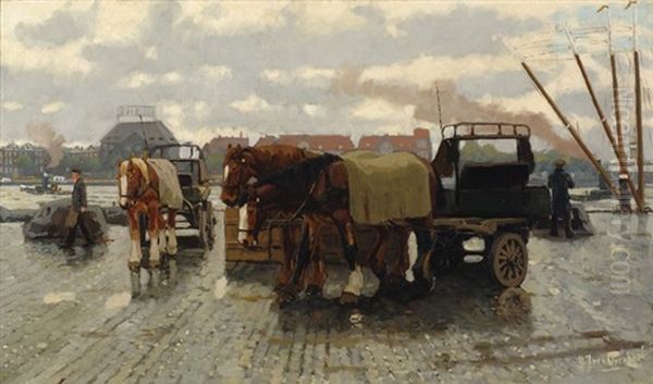 Horse-drawn Carts On A Quay Oil Painting by Gijsbertus Johannes Van Overbeek