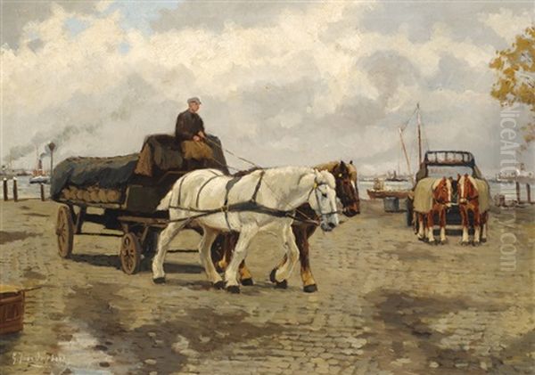 Horse-drawn Carts On The Quay Oil Painting by Gijsbertus Johannes Van Overbeek