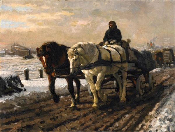 Pferdefuhrwerke An Der Verschneiten Kaimauer Oil Painting by Gijsbertus Johannes Van Overbeek