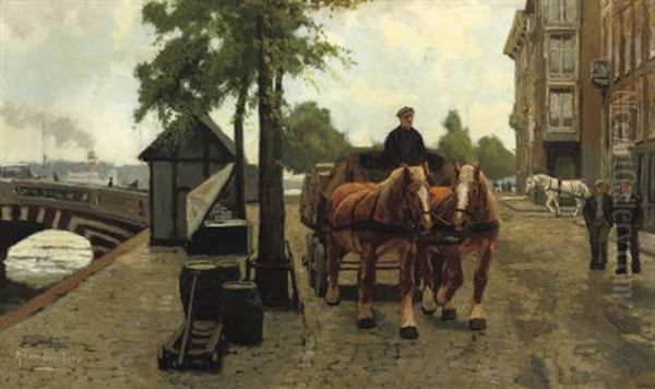 A Horse-drawn Carriage In The Rotterdam Harbour Oil Painting by Gijsbertus Johannes Van Overbeek