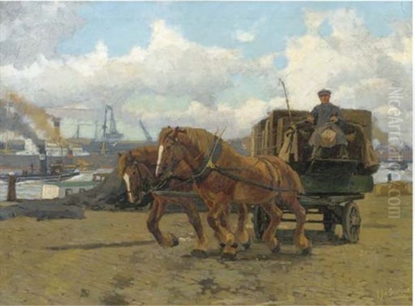 A Horse-drawn Carriage On A Rotterdam Quay Oil Painting by Gijsbertus Johannes Van Overbeek