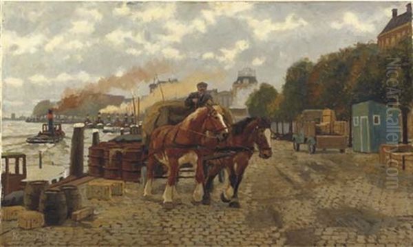 A Busy Quay In Rotterdam Oil Painting by Gijsbertus Johannes Van Overbeek