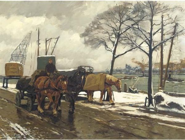 On A Snowy Quay In Rotterdam Oil Painting by Gijsbertus Johannes Van Overbeek