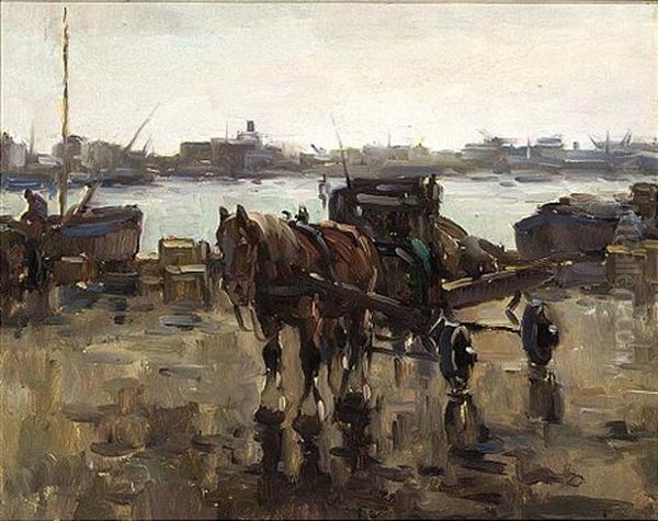 Horse And Carriage In The Harbour Oil Painting by Gijsbertus Johannes Van Overbeek