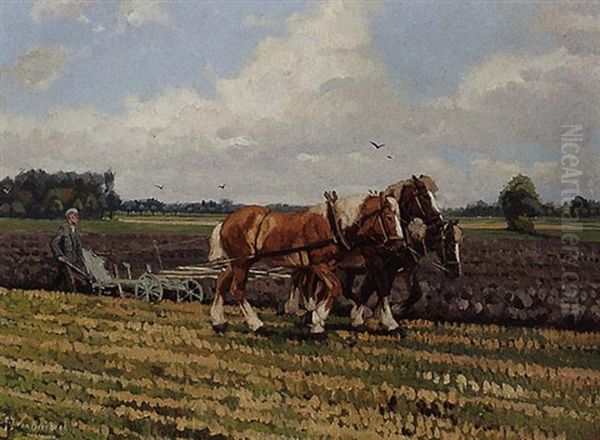 Farmer Ploughing The Fields Oil Painting by Gijsbertus Johannes Van Overbeek