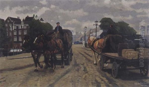 Horse And Carriage Oil Painting by Gijsbertus Johannes Van Overbeek