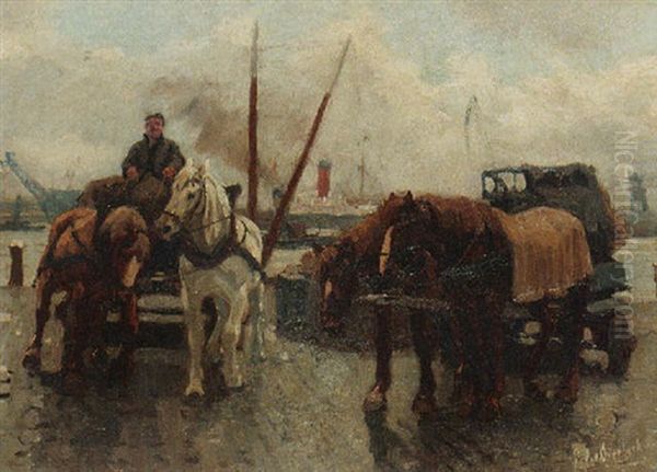 Werkpaarden Aan De Kade Oil Painting by Gijsbertus Johannes Van Overbeek