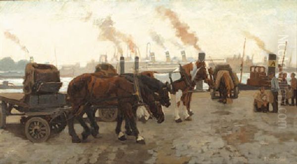 A Horse-drawn Carriage Along The Maas, Rotterdam Oil Painting by Gijsbertus Johannes Van Overbeek