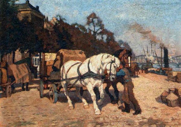 Horses On The Docks Oil Painting by Gijsbertus Johannes Van Overbeek