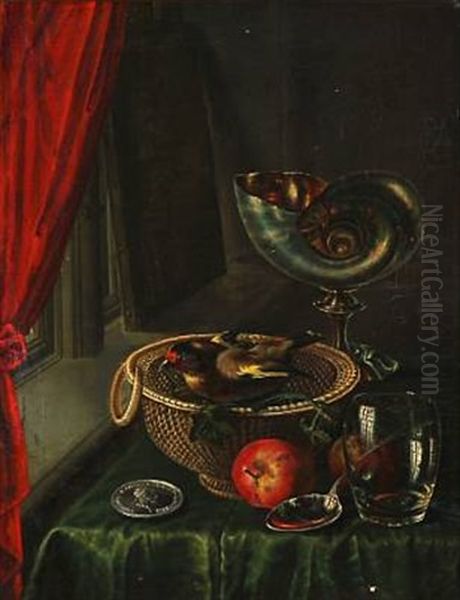 Still Life With Goldfinch In A Basket, A Nautilus Centerpiece And The Painter's Silver Medal Oil Painting by Hans Christian Overgaard