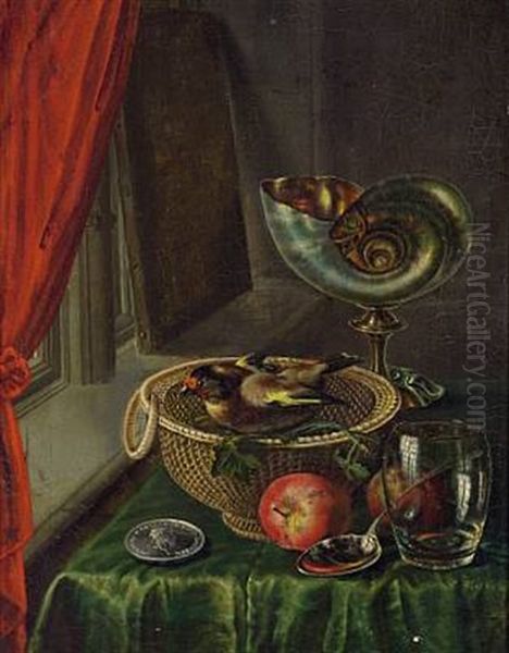 Still Life With Goldfinch In A Basket, A Nautilus Centerpiece And The Painter's Silver Medal On A Table Near The Window Oil Painting by Hans Christian Overgaard