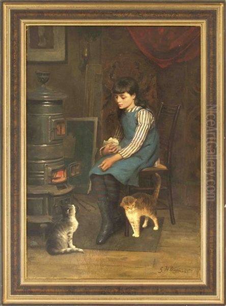 Stimmungsvolles Genrestuck Mit Einem Jungen Madchen Am Ofen, Zwei Katzen Futternd Oil Painting by Gerardus Hendrikus Cornelis Overman