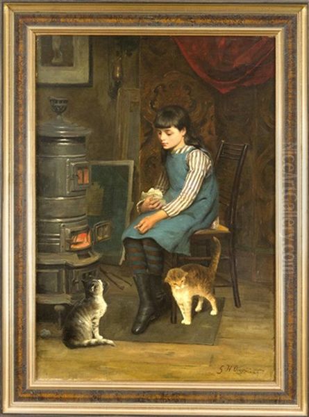 Stimmungsvolles Genrestuck Mit Einem Jungen Madchen Am Ofen, Zwei Katzen Futternd Oil Painting by Gerardus Hendrikus Cornelis Overman