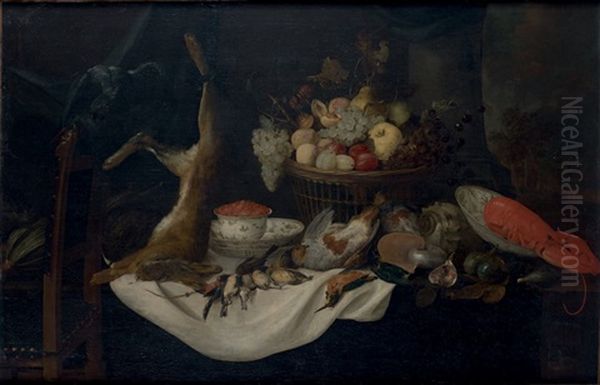 Lievre, Corbeille De Fruits Et Gibier Avec Un Perroquet, Un Bol De Fraises Et Un Nautile Sur Une Table by Pieter van Overschee