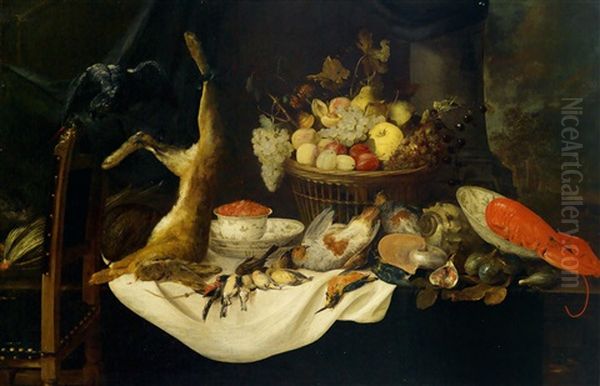 Stillleben Mit Wild, Muscheln, Hummer Und Fruchtekorb by Pieter van Overschee